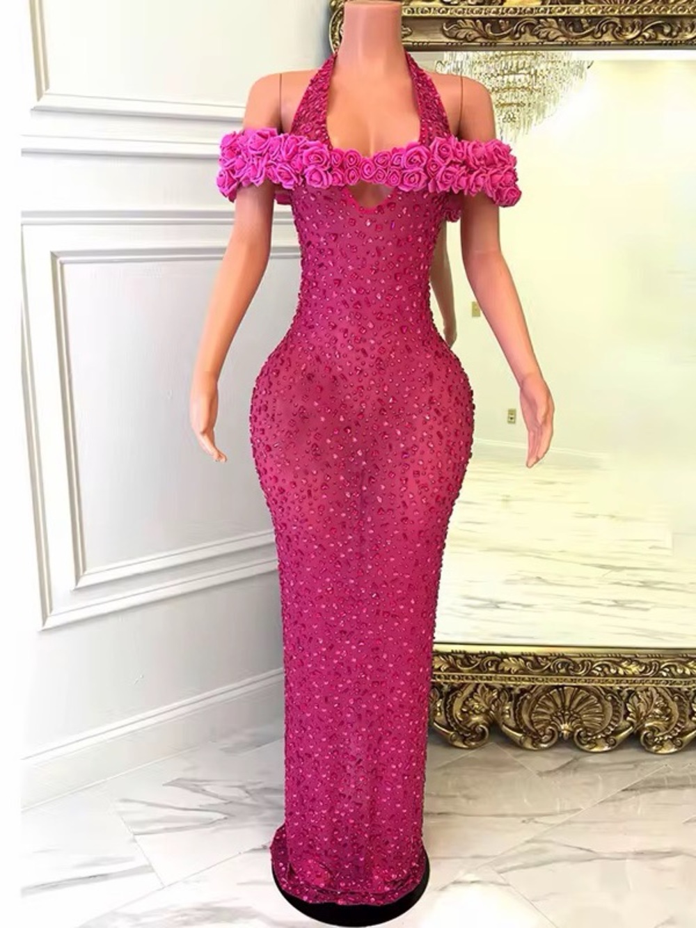 Off-Shoulder Beaded Halter Gown in Fuchsia